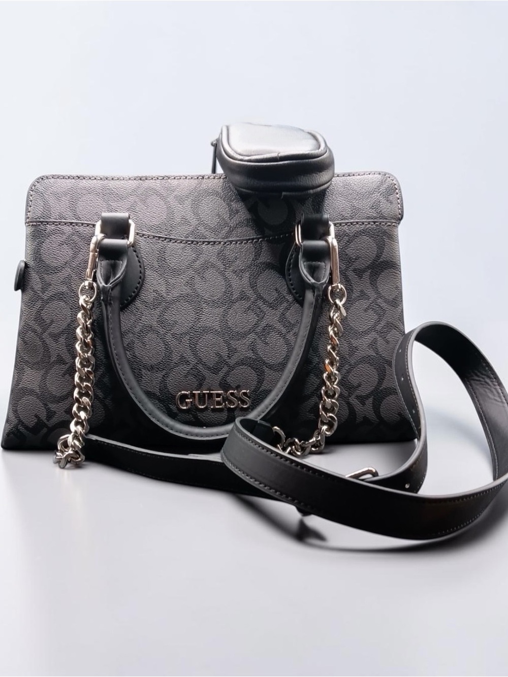 Guess Black Logo-Print Chain-Handle Satchel
